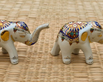 Decorative Ceramic Elephants,  a Pair of small Hand-painted Benjarong elephants, Porcelain decoration, Gold and Blue Colorful Ornaments