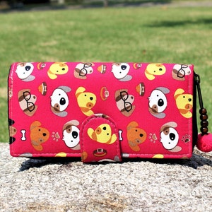Credit Card Holder, Cartoon Dogs,  Red  Wallet Purse, Womens Wristlet wallet, Dog Lover Gift, Cute Wallet, Cotton Fabric wallet