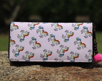 Cotton Wallet with zipper, Unicorn Wallet , Pink Cute Wallet, Womens Wristlet Wallet, Unicorn Purse, Long purse, Teenager gift,