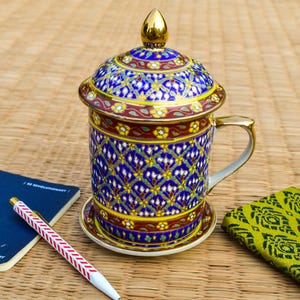 Caneca de café pintada à mão tailandesa com tampa, Benjarong da Tailândia, xícara e pires de porcelana, caneca decorativa dourada, caneca de cerâmica real, presente tailandês