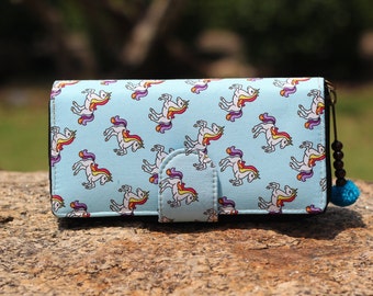 Credit Card Holder, Unicorns Wallet, Blue Wallet, Bifold Wallet Purse , Travel Wallet, Christmas Gift, Unicorn lover