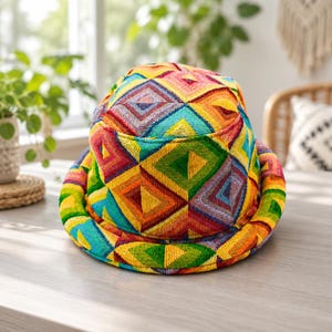 Può includere: Un cappello a secchiello caratterizzato da un vivace motivo geometrico a rombi multicolore. Il tessuto presenta una trama intrecciata con forme ripetute nelle tonalità del giallo, arancione, rosso, viola, blu e verde su tutta la calotta e la tesa.