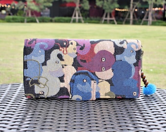 Porta-cartão de crédito, carteira de pulso, elefantes tailandeses - bolsa de mão de tecido de algodão, carteira vegana feita à mão, carteira de viagem, presentes exclusivos para ela