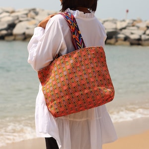 Bolso de compras tote, bolso floral boho, tela tejida, tote de mujer, bolso de playa de verano, bolso de hombro tejido, bolso colorido, regalo de Navidad