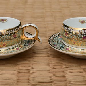 Thai pottery, Pair of delicate Espresso coffee mugs, Gold Benjarong cups and saucers, Beautiful gift, Classic Gold and pale green , Ethnic
