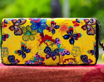 Carteira porta-cartão de crédito, amarelo brilhante com borboletas, bolsa tipo carteira de tecido, carteira de pulso feminina, carteira de algodão da Tailândia