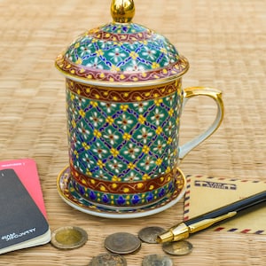Thai-Handpainted Benjarong Coffee Mug with lid, Porcelain Cup and Saucer, Gold Decorative Mug, Royal Pottery Mug, Thailand Lover Gift
