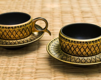 Gold and Black Benjarong cups and saucers, Pair of Beautiful Espresso cups, Espresso coffee mug set, Unique, Classic Gold & Black, Xmas