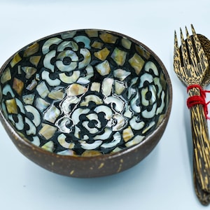 Coconut shell bowl. Carved wooden spoon and fork set. Shell inlay. Decorative bowl. Coconut shell small salad bowl. Unique ethnic bowl.