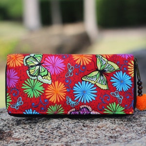 Cartera larga, bolso de algodón, cartera de cremallera, cartera de mariposa, pulsera boho, embrague de cóctel, bolso cartera, pulsera hippie, cartera de iphone