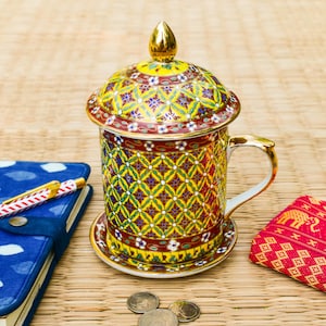 Ceramic Coffee Mug, Thai Benjarong, Hand-painted, Porcelain Cup and Saucer, Gold Decorative Mug, Royal Pottery Mug, Housewarming Gift,