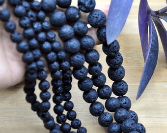 Natural Black Lava Rock Round Loose Beads, Volcanic Stone Spacer Bead, Porous Diffuser Bead for Essential Oil, DIY Jewelry Making Supply
