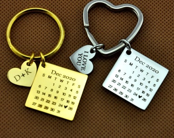 Custom calendar Stainless steel keychain engraved date keychain,Custom Keychain,Calendar Keychain With Heart Charm,Couples Key Ring