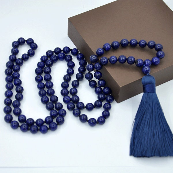 Lapis lazuli Mala Necklace 8 mm 108 knotted Mala Prayer Tassel Necklace，Yoga necklace, Japa mala, Prayer beads, Healing stones, Knotted mala