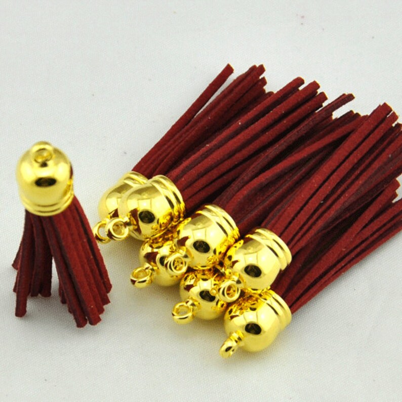 Tassels Pendant,Dark red Leather Tassel Fiber Tassel Fringe Tassel with 12mm Gold plated Cap alloy Cap Charms--58mm Long Tassels Pendant.