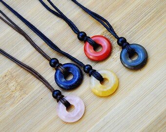 Crystal Gemstone Donut Cord Necklace,Healing Crystal Donut Pendant with Adjustable Rope Necklace,Gemstone Donut Lucky and Wishes Necklace