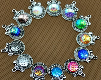 Antique Bronze/Antique Silver Aurora AB Round Dome Mermaid Scale Charms, Fish Dragon Scale Resin Gem, Mermaid Charm, Fish Scale Pendant