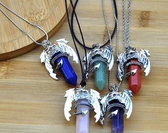 Natural Stone Dragon Necklace Gem Stone Healing Crystal Hexagon Pterosaur Necklace，Happiness Necklace，Flying Dragon Crystal Necklace