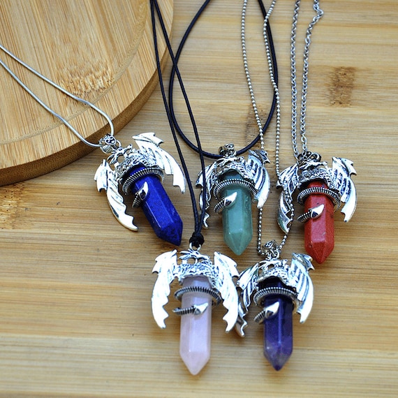 Natural Stone Dragon Necklace Gem Stone Healing Crystal Hexagon