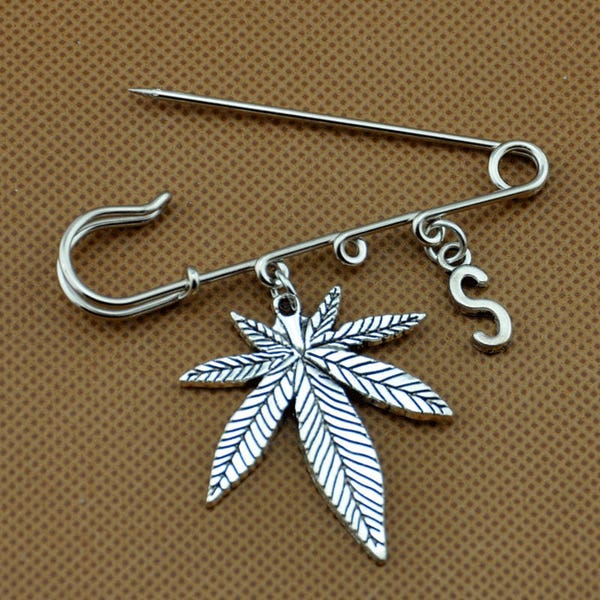 Hemp/Cannabis leaf Brooch. Medical marijuana brooch.Antique Bronze/ Antique Silver marijuana leaf and letter Safety Pins,Christmas Gift-1885