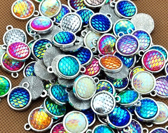 Silver Tone Aurora AB Round Dome Mermaid Scale Charms, Fish Dragon Scale Resin Gem Pendant, Mermaid Charm, Fish Scale Pattern Pendant, 12mm