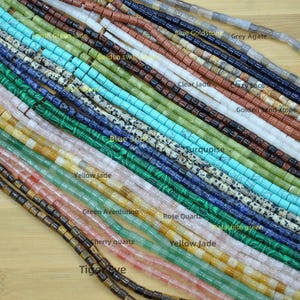 May include: Assortment of colorful gemstone beads, including turquoise, green aventurine, rose quartz, yellow jade, and malachite green. The beads are arranged in rows on a wooden surface.