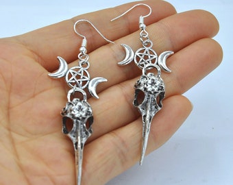 Brincos de bruxa com caveira de pássaro, brincos wiccan, brincos steampunk de caveira de corvo, médico da praga, brincos pendurados de caveira de pássaro corvo de Halloween