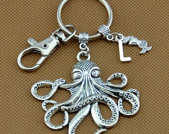 Antique Silver Octopus Keychain, Purse charm, initial keyring,sea keyring, squid key.Mermaid key chain, Octopus Jewelry Kraken Keychain-