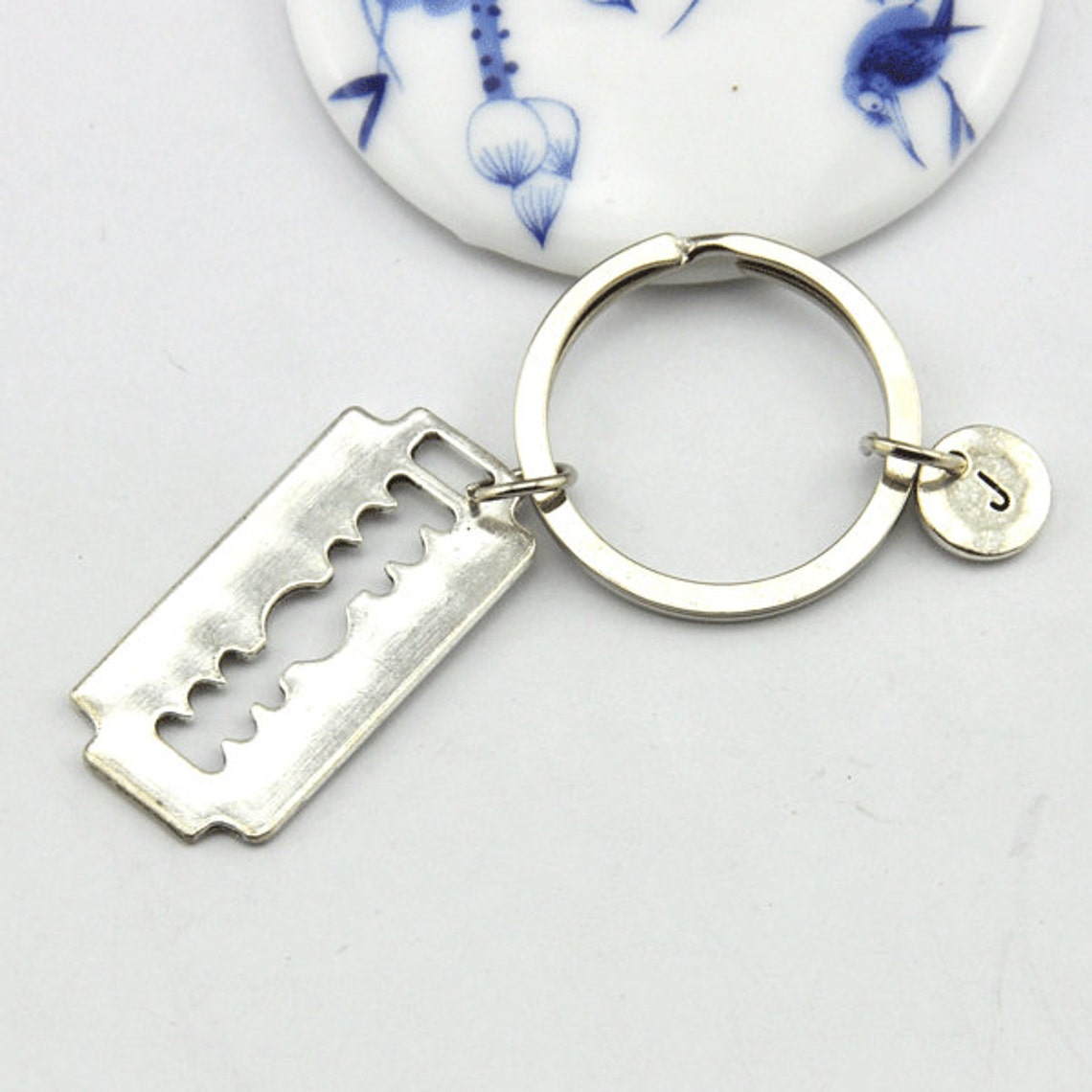 Antique Silver Razor Blade Charm Keychain Personalized Initial Etsy