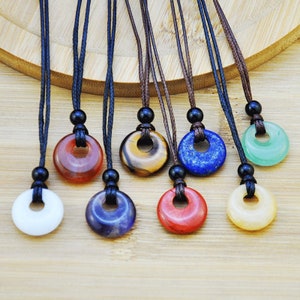 Crystal Gemstone Donut Cord Necklace,Healing Crystal Donut Pendant with Adjustable Rope Necklace,Gemstone Donut Lucky and Wishes Necklace