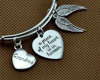 Angel Wing bracelet,Memorial bangle, A piece of my heart is in Heaven Sympathy Gift Loss of Mom/Daughter/ Grandpa /Dad/ Son/ Brother