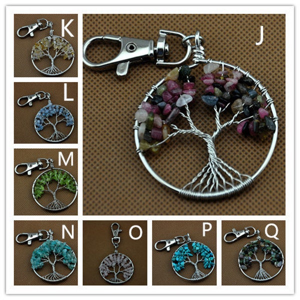 1pcs Tree of Life Multicolored Natural Crystal Stone Circle Keychain ,Tree of Life Key Chains/Necklace ，Gemstone Chakra Crystal Tree of Life