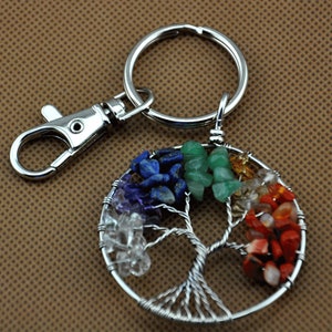 1pcs/lot Charm Tree of Life Multicolored Natural Crystal Stone Circle Keychain ,Tree of Life Key Chains，Gemstone Chakra Crystal Tree of Life