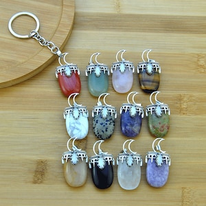 Handmade Moon Point Crystal Key chain，Happiness Keychain，Crystal Pendants jewelry,Healing crystal,Inlay Labradorite Cabochon Keychain