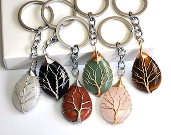 Tree of Life Crystal Keychain ，Teardrop Keychain ，Wire Wrapped Crystal Keychain Stone | Womens Jewelry| Gifts for Her ，Tree of Life Keychain