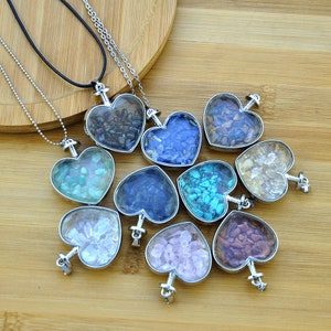Heart Pendant Glass Pendant with Gemstone Chip Glass Wishing Bottle Pendant necklace，Crystal Necklace, Clear Glass Bottle Pendant necklace