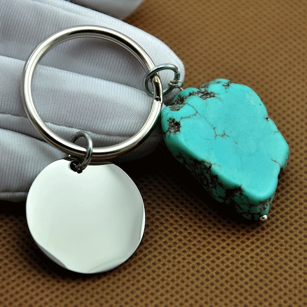 Turquoise Keychain,Personalized Engraved Dog Tags Keychain,Hand Stamped Keychain,Custom Monogram Tags, Women Men Valentine's Gifts