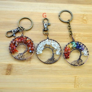 Clear Quartz Crystal Tree of Life Keychain,Gemstone Chakra Crystal Tree of Life, flat round with tree of life,Stone Lover Gifts,Chakra Stone