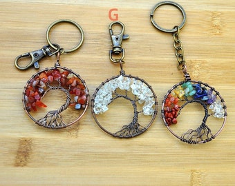Clear Quartz Crystal Tree of Life Keychain,Gemstone Chakra Crystal Tree of Life, flat round with tree of life,Stone Lover Gifts,Chakra Stone