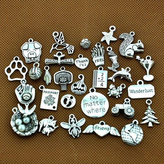 Mixed Charms Set antiqued Silver Assorted Charms Pendants 30