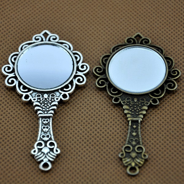 2 pcs Antique Silver、Antique Bronze Traditional Chinese Handheld Mirror Charms，Fancy Victorian Hand Mirror Pendant 34x67mm