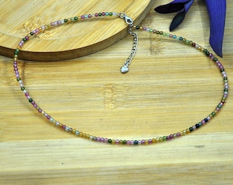 Mode Edelsteine AAA + Regenbogen Turmalin 3 mm Perlen Halskette, kleine Regenbogen Turmalin Halskette, handgemachte Halskette, natürliche Edelstein Halskette