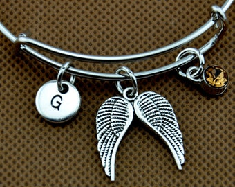 Pulsera de encanto conmemorativo, pulsera de ala de ángel, pulsera de encanto, pulsera inicial, ala de ángel encanto joyería, regalo conmemorativo, pulsera conmemorativa
