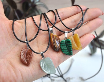 Natural Crystal leaves Necklace,leaves Jewelry Pendant Necklace, Gemstone Necklace,Leaf Shape Carved Loose Gemstone Necklace Key Chain