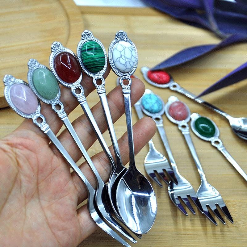 クリスタルとフォーク、宝石の魔女のスプーン、薬用スプーン、宝石の