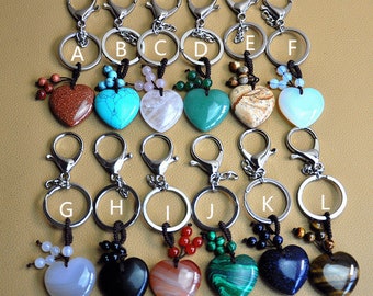 Gemstone Heart Pendant Key Chain，Gemstone Key Chain,Crystal Keychain Gift, Real Stone crystal keychain,Boho style, Heart Crystal Keychain