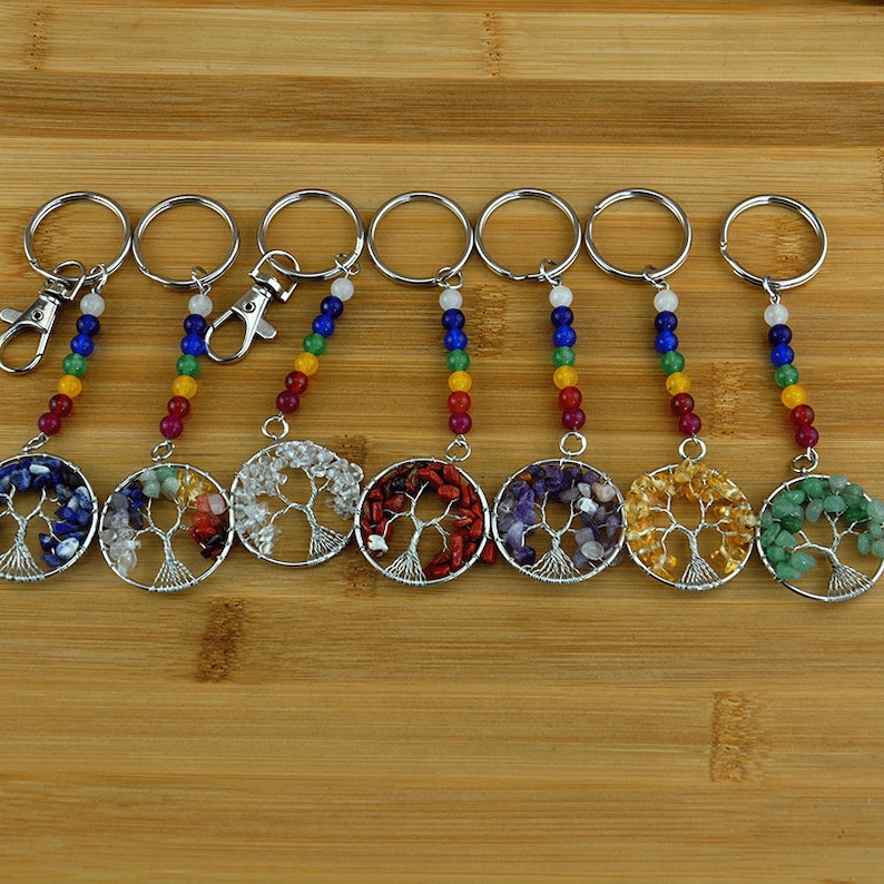 May Tree Keychain Tree of Life Keychain,seven Colors Gemstone Bag Charm Keychain, Healing ...