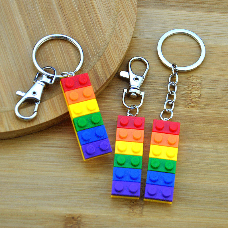 Rainbow Building Block Keychain，plastic Brick 2x6 Keychain，faux