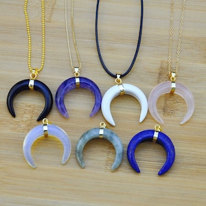 Natural Stone Double Horn Necklace,Crescent Moon Necklace, Tusk Necklace,Half Moon Necklace, Valentines Gift，Gemstone Double Horn Pendant