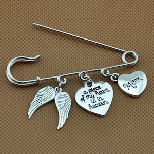 Angel Wing Safety Pin, Memorial Safety Pin, A piece of my heart is in Heaven Sympathy Gift Loss of Mom/Daughter/ Grandpa /Dad/ Son/ Brother